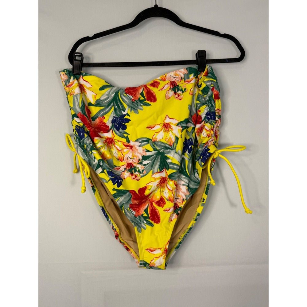 Swim by Cacique Bikini Bottoms Women 20 Yellow Tropical Floral High Waist Ruched